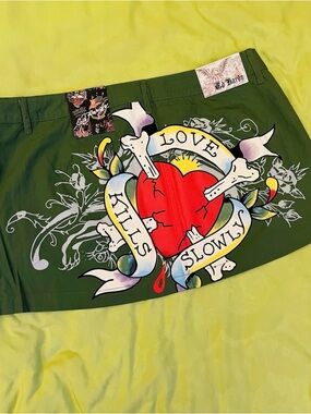 Ed Hardy Olive Green 'Love Kills Slowly' Heart Graphic skirt